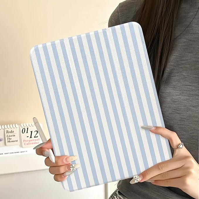 Lovmooful Compatible for iPad Pro 11-Inch,2022/2021/2020/2018 Model(4th/3rd/2nd/1st Generation) Case with Pencil Holder Cute Striped with Aesthetic Design Soft TPU Trifold Stand Protective-Blue&White