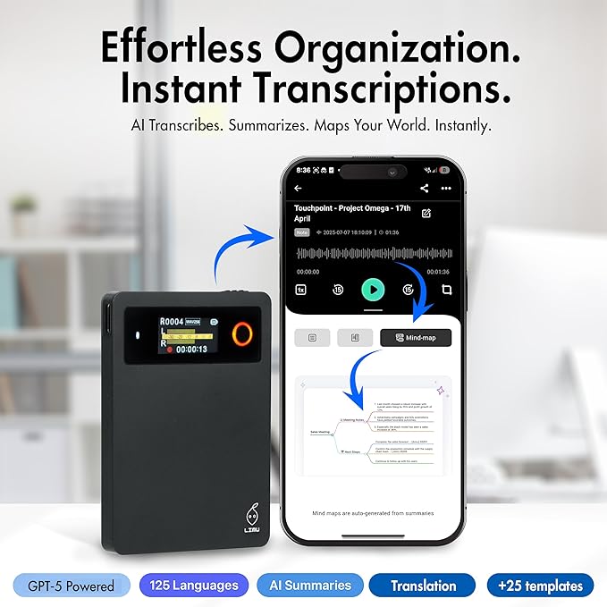 LIMU AI Voice Recorder with App Control - 18h Battery, 64GB Metal AI Note Taking Device - ChatGPT 5 Translation, Summaries & Mind Maps (125 Languages), 400 Min/Month, Audio Recorder with Transcription
