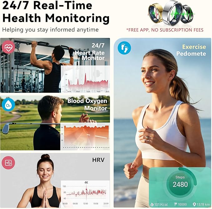 Smart Ring for Women & Men, Health & Fitness Tracker with Heart Rate/Sleep Monitoring/Blood Pressure, 5ATM Waterproof, Activity Trackers with Free App, Valentine's Day Gifts for Women