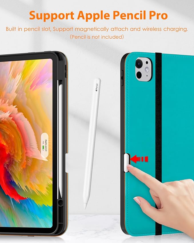 DTTO for iPad Pro 13 inch Case (M5/M4) 2025/2024, Premium Leather Business Folio Stand Cover with Pencil Holder - Auto Wake/Sleep & Multiple Viewing Angles, Built in Hand Strap & Pocket, Cyan Blue
