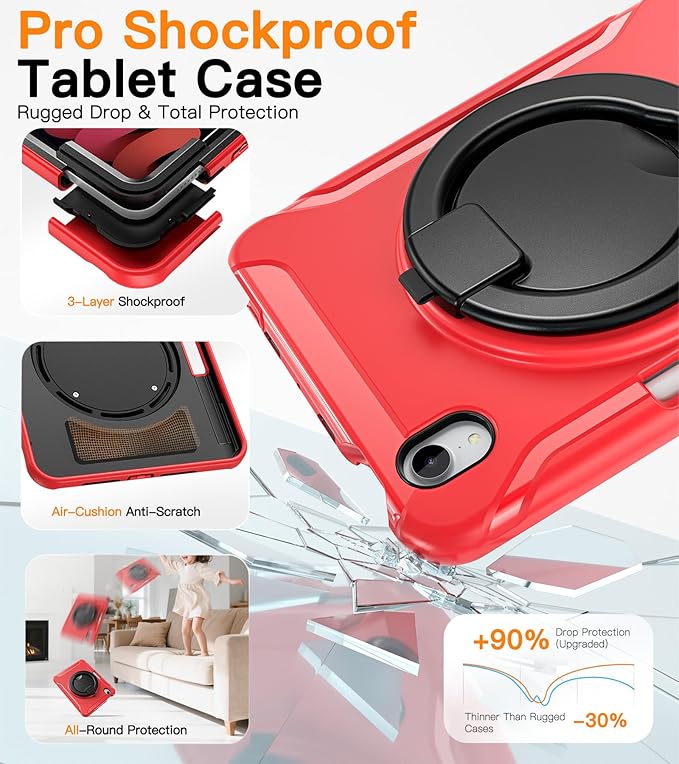 BATYUE Shockproof Case for iPad mini 7 (A17 Pro)/ Mini 6 8.3 inch (2024/2021) - 360° Multi-Angle Stand (Portrait & Landscape) & Grip, Built-in Pencil Holder, Red