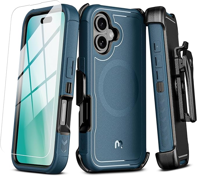 M MYBAT PRO Maverick Series for iPhone 16 Plus 6.7 Case with Belt Clip Holster,Compatible with Magsafe w/Screen Protector,Anti-Drop,Shockproof,with 360°Rotating Kickstand,Heavy Duty Protection Blue