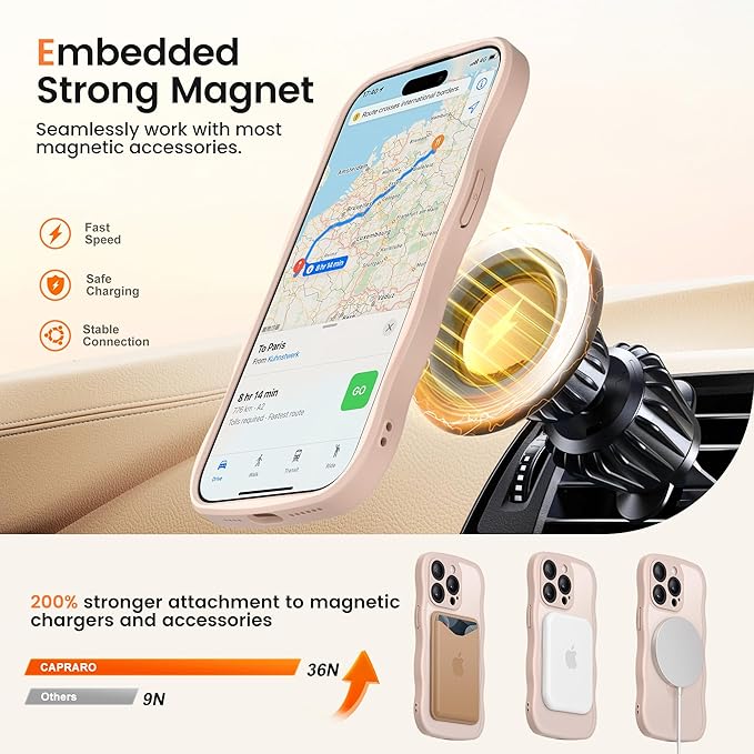 CAPRARO for iPhone 13 Pro Case with 360° Spin Magnetic Stand for Women, [Compatible with MagSafe] [Full Camera Protection] Cute Wave Translucent Matte Case for iPhone 13 Pro, Rose Gold