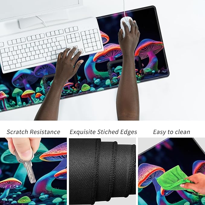 Wrist Elbow Support Arm Rest Desk Mouse Pad Set,Large Mouse Pad + 2 Elbow Rest Pad + Coaster,(31.5×11.8 in) Ergonomic Memory Foam for Office,Gaming,Computer,Laptop-Colorful Mushrooms