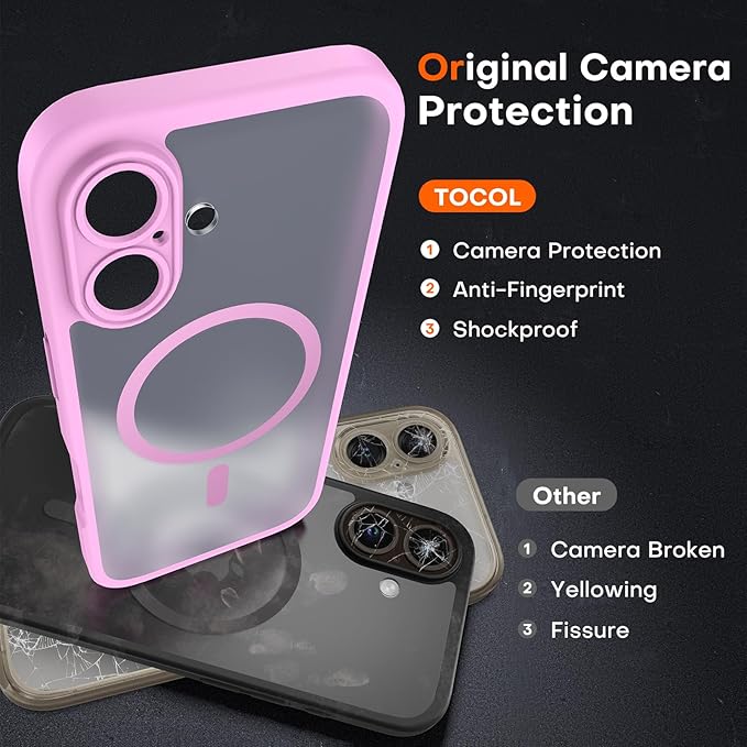 TOCOL Magnetic for iPhone 16 Case, Upgraded Full Camera Protection, Compatible with Magsafe, Drop Protection, Translucent Matte Back Bumper Phone Cover 6.1-Inch (Peony)