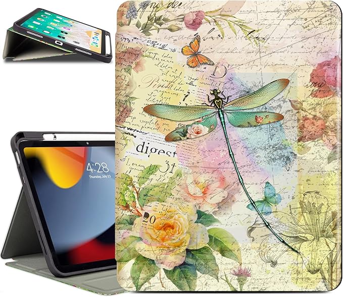Vimorco for iPad A16 Case 11-inch 2025, for iPad (A16) 11th/10th Generation Case Pencil Holder, Typing Stand & 4 Viewing Angles, Faux Leather Slim Cover, Auto Sleep/Wake, Dragonfly Flower