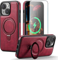 for iPhone 15 Plus Case with Stand, Compatible with MagSafe, Slim PU Leather & Durable TPU Protective Magnetic Kickstand Cover Drop-Proof with Tempered Glass Screen Protector 6.7", Red