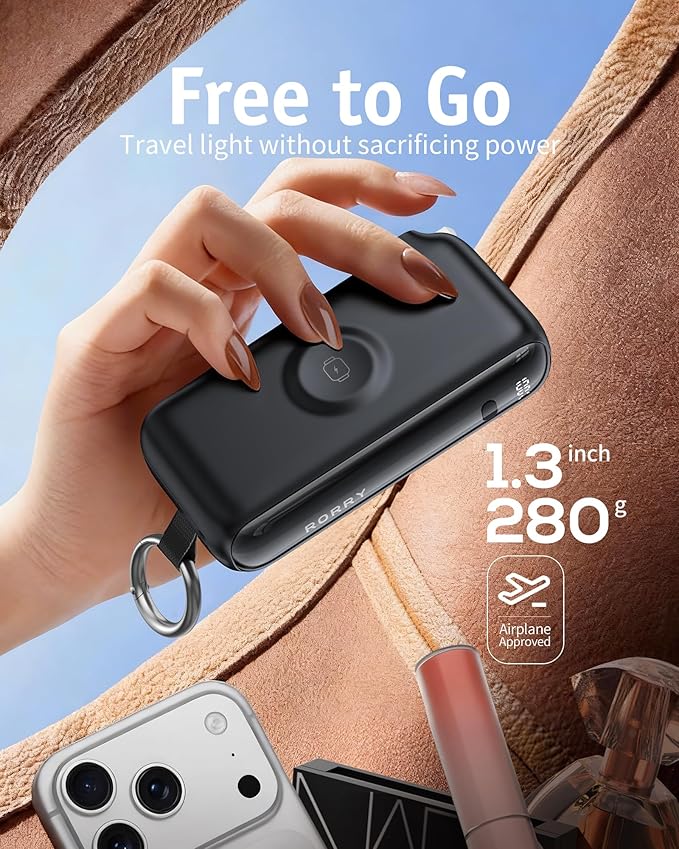 RORRY Flow Portable Charger, 10000mAh 40W Fast Charging Power Bank with Built-in USB C Cable and Foldable Wall Plug, Battery Pack Travel Essentials for iPhone 17/16/15, Apple Watch, iPad, MacBook