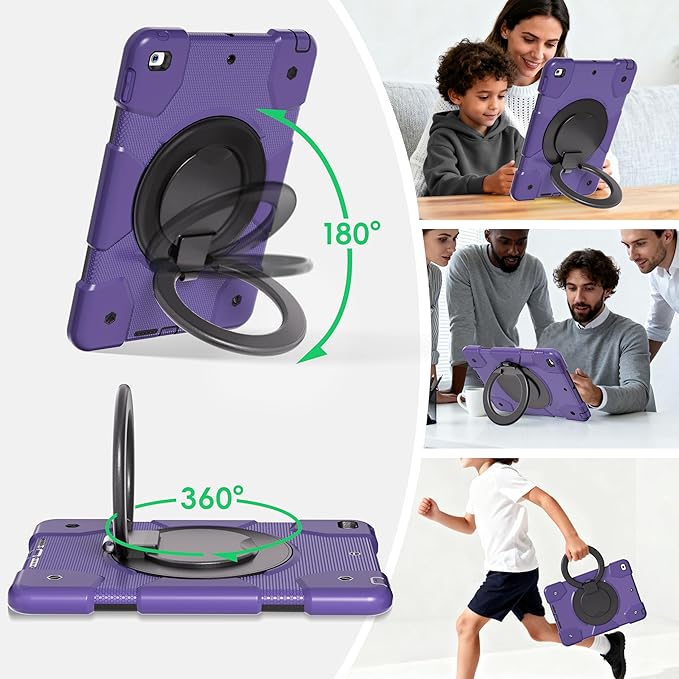 Andnary Case for iPad 9th/8th/7th Generation 10.2 inch, Shockproof Cover with Screen Protector/360° Rotate Stand/Pencil Holder/Shoulder Strap, Kids Case for iPad 2021/2020/2019 (Deep Purple+Black)