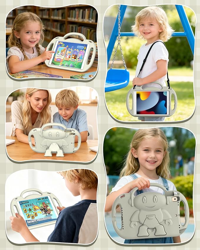 Kids Case for iPad 9th/8th/7th Generation (10.2 inch,2021/2020/2019), Kids Case for iPad Air 3rd Gen 10.5"/Pro 10.5, Durable Shockproof Cover with Shoulder Strap/Handle/Kickstand, Light Grey
