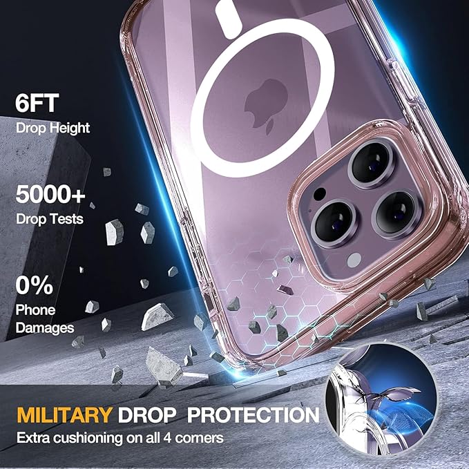 Miracase Magnetic for iPhone 14 Pro Case 6.1 inch, (Compatible with MagSafe) Upgrade Full-Body Clear Phone Bumper Case with Built-in 9H Tempered Glass Screen Protector, Magnetic Clear Pink