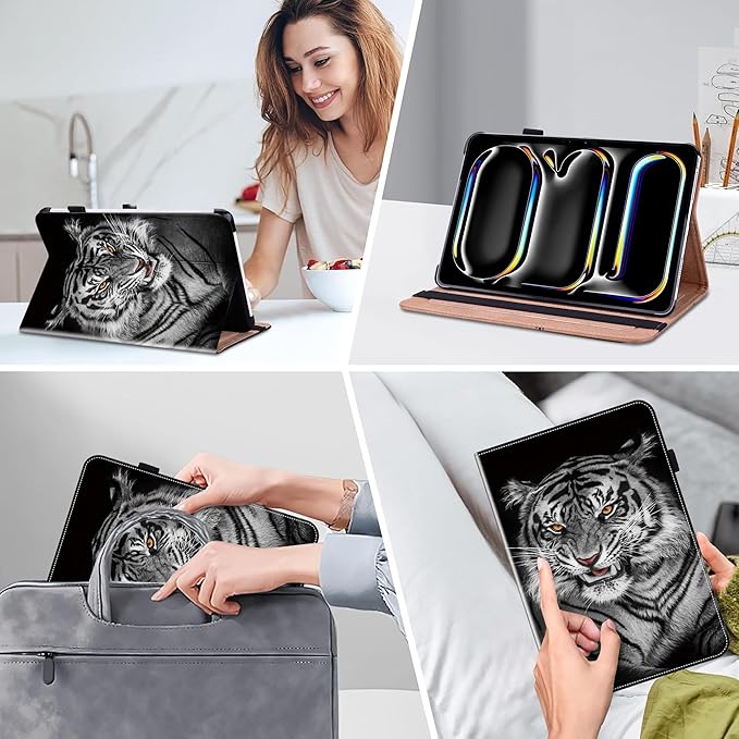 Case for iPad Pro 13 inch (M5/M4) 2025/2024, Premium Leather Folio Stand Protectors Cover with Auto Wake/Sleep, Pencil Holder, Hand Strap and Card Slots - Black Tiger