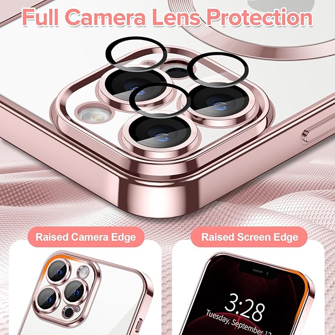 Hython Magnetic Clear for iPhone 12 Pro Max Case with Camera Lens Protector [Compatible with MagSafe] Plating Edge Slim Soft TPU Cover Protective Phone Case for iPhone 12 Pro Max 6.7", Pink