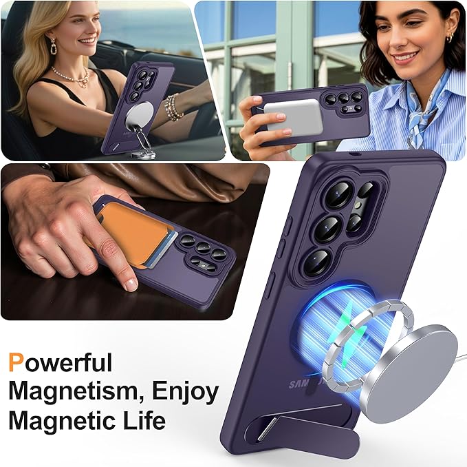 Magnetic for Samsung Galaxy S26 Case, [Compatible with MagSafe][Full Camera Protection][Built-in Invisible Kickstand] Translucent Matte Phone Case for S26 6.3" - Purple