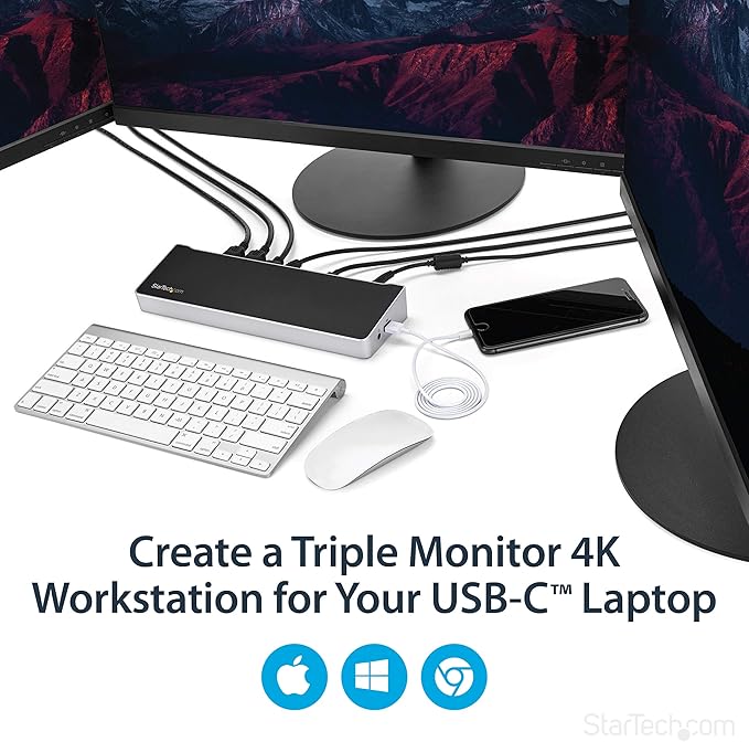 StarTech.com USB-C Triple Monitor Docking Station for MacBook Pro / Air M1 M2 M3 M4 & Windows, Universal 4K HDMI DP Dock, Thunderbolt Compatible, 100W Laptop Charging - TAA, Black, Silver
