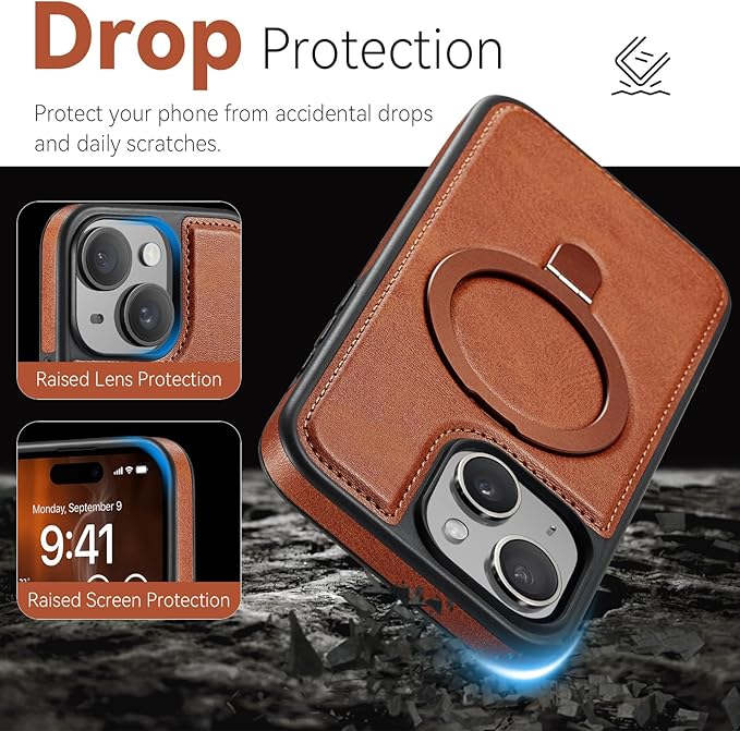 for iPhone 14 Plus Case with Stand Compatible with Magsafe Slim PU Leather & Durable TPU Drop Proof Magnetic Kickstand Protective Cover with Tempered Glass Screen Protector 6.7", Brown