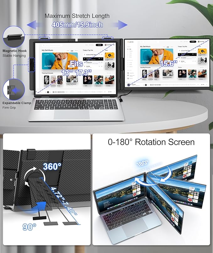 ZUMWALT 15.6" Laptop Screen Extender, 1080P FHD Detachable Laptop Monitor Extender, Dual Monitor for 13-17" Laotop, Plug and Play Portable Monitor Compatible with Mac/Windows/Android/Chrome/PS5
