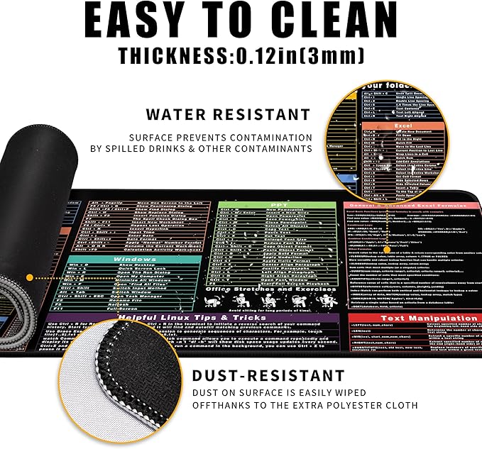 Excel Cheat Sheet Desk Pad Excel Shortcut Keys Mouse Pad Gaming Mouse Pad Desk Accessories Waterproof Non-Slip Large Computer Mat, 31.5x11.8 in (Office Software Shortcut Keys)