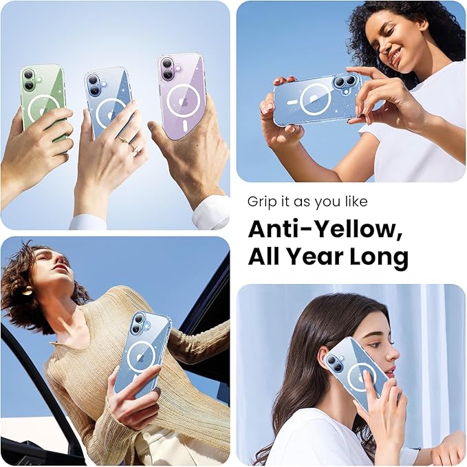 Anti-Yellowing Strong Magnetic for iPhone 17 Case, [Compatible with MagSafe] [12FT Military Grade Drop] Slim Thin iPhone Cover 6.3 Inch, Clear Glitter