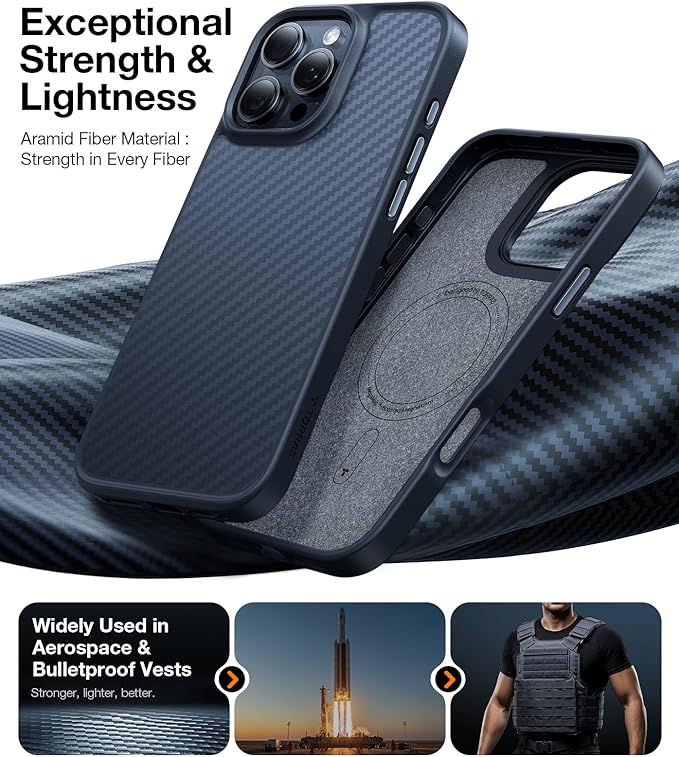 TORRAS Upgraded for iPhone 16 Pro Case Aramid Fiber Back/Black Edge | Compatible with MagSafe, Military Grade Drop Protection, Stronger Magnetic, Shockproof Airbag, Color Button, Slim Anti-Scratch | Upgraded, Stronger Magnetic, Shockproof, Slim