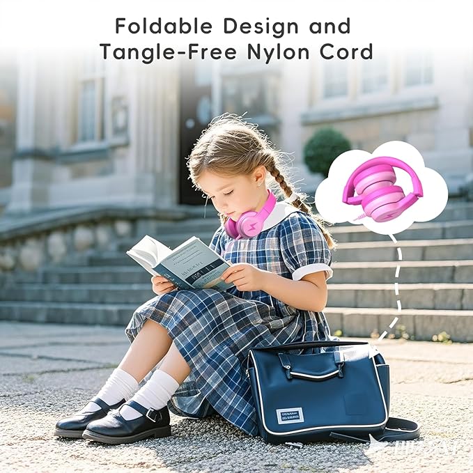 Candy Bila Kids Headphones, Wired Headphones for Kids Over Ear with Microphone, 85/94dB Volume Limiter Headphone for Girls Boys, Foldable Headphone for Learning & Entertainment, Gradient Deep Pink