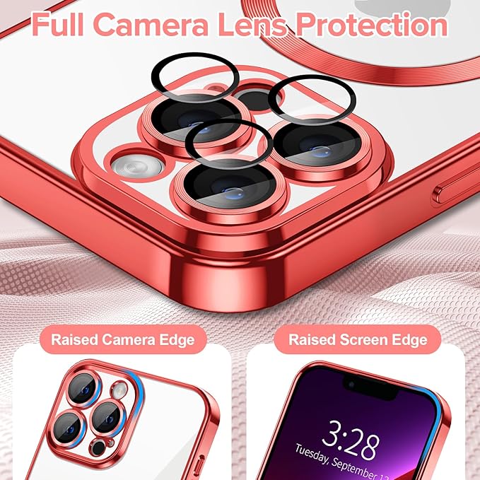 Hython Magnetic Clear for iPhone 13 Pro Case with Camera Lens Protector [Compatible with MagSafe] Luxury Plating Edge Slim Soft TPU Cover Protective Phone Case for iPhone 13 Pro 6.1", Red