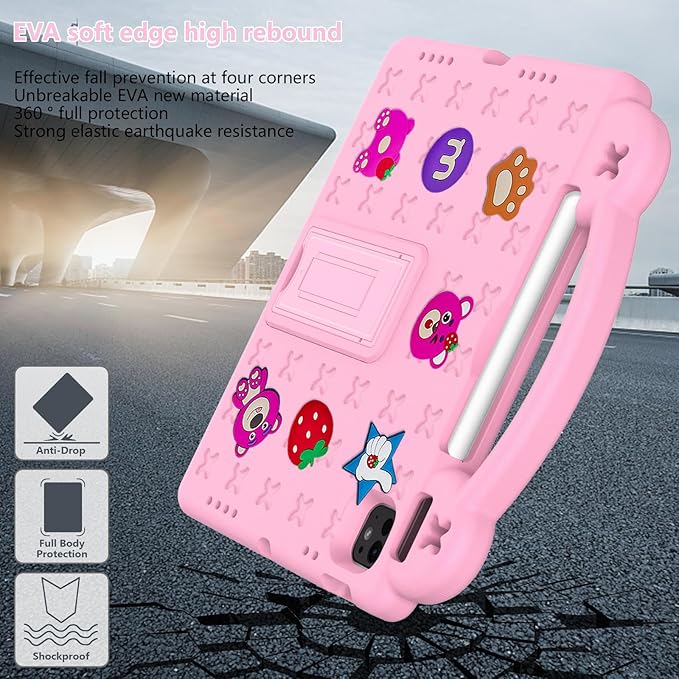 Dteck iPad Air 13"/Pro 13" 2024 M4/Pro 12.9 6th/5th/4th/3rd Gen Case - Strawberry Panda Shockproof Rugged Lightweight Convertible Stand With Handles, Kids Friendly, Pink