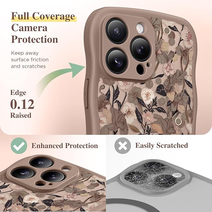GVIEWIN for iPhone 15 Pro Case Compatible with MagSafe [Curly Wave Edge][Full Camera Protection] Floral Translucent Shockproof Magnetic Women Phone Case for iPhone 15 Pro 6.1'', Apricot Blossom/Brown