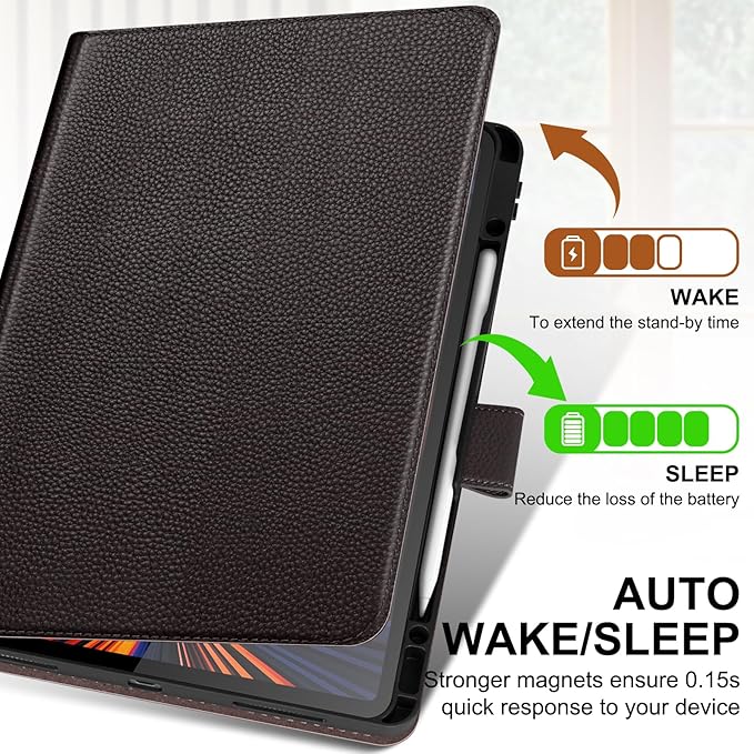 Genuine Leather Case for iPad Pro 12.9 inch 6th/5th/4th/3rd Generation 2022/2021/2020/2018 | with Pencil Holder and Adjustable Stand, Magnetic Closure, Auto Wake/Sleep Cover | Dark Brown
