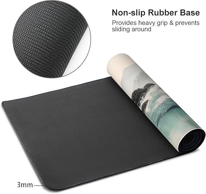 XXL Desk Mat Mouse Pad, Ink Wash Cherry Blossom Design, Washable Rubber Anti-Slip, Stitched Edges, 35.4 x 15.7 Inches, Rectangular, for Computer Work Gaming