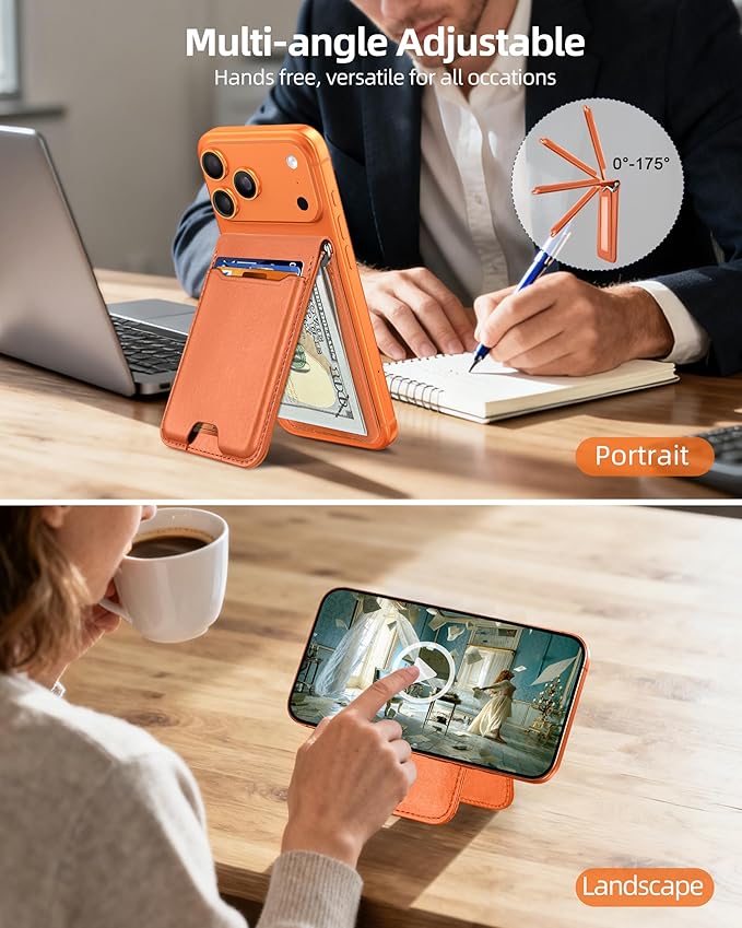 ExtreLife For Magsafe Wallet with Money Clip, Strongest Magnetic Wallet for iPhone 17/16/15/14/13/12 Series, Adjustable Stand, ID Window, 5 Card Holder, RFID Blocking, Not for 13/12 Mini, Orange