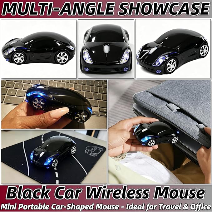 Black Wireless Mouse，Mini Car Computer Mouse，1600DPI 2.4G with USB Receiver, Ergonomic Cute Computer Mice for Laptop, PC, Windows, Mac OS (Black)