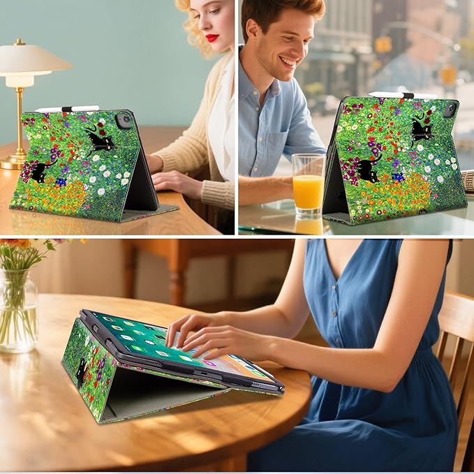 iPad Air 13 inch Case (M4/M3/M2), iPad Pro 12.9 inch Case, iPad Pro 13-Inch (M5/M4) case Shockproof Pencil Holder Multiangle Adjustable Stand/Pocket/Magnetic Closure/Auto Wake Sleep Flowers Garden Cat