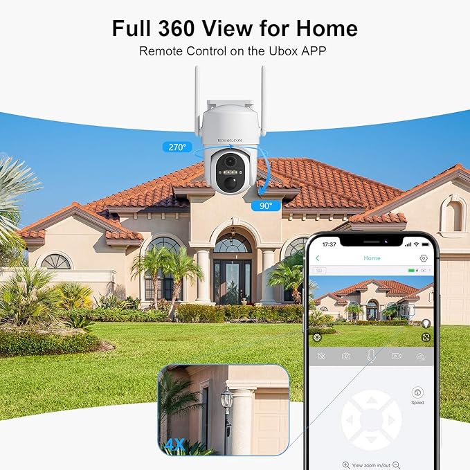 HOSAFE.COM Home Security Cameras Wireless Outdoor, 2K Outdoor Camera Wireless WiFi, 360 Camera Solar Powered, PTZ, PIR Sensor, Free Cloud Storage(Need Apply), 2-Way Talk, IP66 Waterproof, 2 Pack