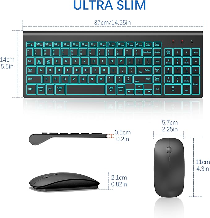 TopMate Wireless Keyboard and Mouse Ultra Slim Combo, 2.4G Silent Compact USB 2400DPI Mouse and Scissor Switch Backlit Keyboard Set, for PC/Laptop/Windows/Mac/Gaming - Matte Black
