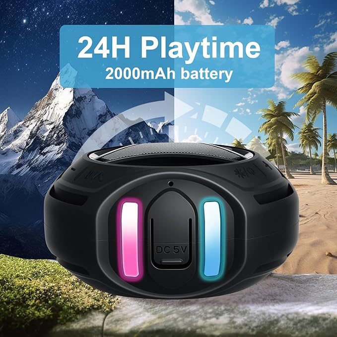 Bluetooth Shower Speaker Waterproof, Portable Bluetooth Speakers Wireless, Outdoor, Floating IPX7, Built-in Mic, 24H Playtime with LED Lights, Loud HD Sound, Powerful Bass, Gifts for Unisex - Black
