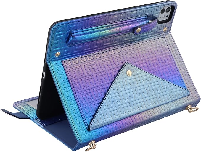 Shiny Case for iPad Pro 11" M5 M4 (2025/2024) Handbag Case, Techcircle Iridescent PU Leather Folio Envelope Pocket Stand Cover with Hand Strap+Shoulder Strap+Pencil Holder+Card Slots, Shiny Indigo
