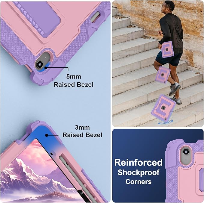 Kids Friendly Case for iPad Air 13 Inch M4 M3 M2 2026/2025/2024 Case with Pencil Holder & Shoulder Strap, Military Grade Shockproof Kickstand Hard Shell Protective Cover,Pink+Purple