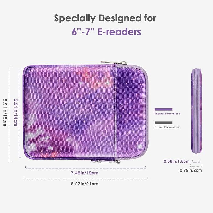 MoKo Padded Ereader Sleeve Case for 6-7 inch Ereader Tablet Bag Protective Cover Pouch with a Carabiner, Compatible with 7" Colorsoft Signature Edition 2024, Purple Starry Sky