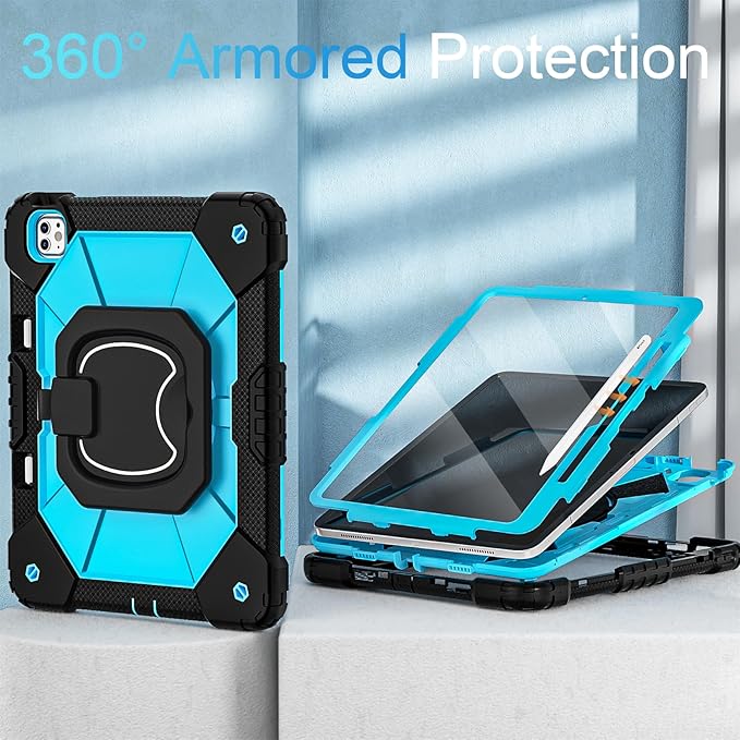 WESOROL Case for iPad Pro 13 Inch M5 2025/M4 2024 (7th Gen) with Screen Protector/360° Rotating Stand/Pencil Holder/Shoulder Strap,Military Grade Shockproof iPad Case 13 Inch iPad Pro M5/M4,Black Blue