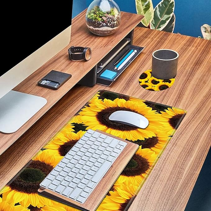 Large Gaming Mouse Pad Non-Slip Keyboard Pad Soft Extended Desk Mat Desktop Writing Pad (31.5"×11.8") with Yellow Sunflower Design for Home & Office + Cup Coaster