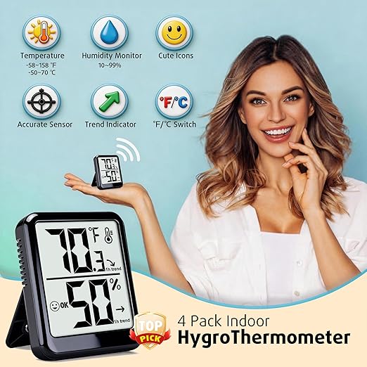 4-Pack Room Thermometer Indoor Hygrometer, Small Digital Temperature and Humidity Monitor Sensor, Temperature Humidity Gauge Meter for Home Baby Room, Plants, Pets - AAA Battery Included