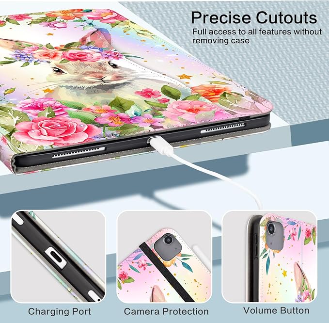 Lokigo for iPad Air 13 Inch Case M4/M3/M2 (2026/2025/2024), iPad Pro 12.9 Inch Case 6th/5th/4th/3rd Gen with Pencil Holder/Hand Strap/Pocket, Support Touch ID, Multi Angles View Stand, Rabbit Floral