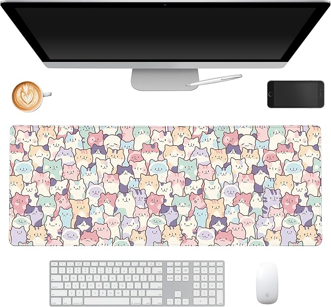Cute Colorful Cats Large Gaming Mouse Pad for Desk,XL Big Mouse Pad Gaming Mat,Mousepad Desk Pad with Non-Slip Base and Stitched Edges,Keyboard Mouse Mat for Home Office Work,31.5 x 11.8 in