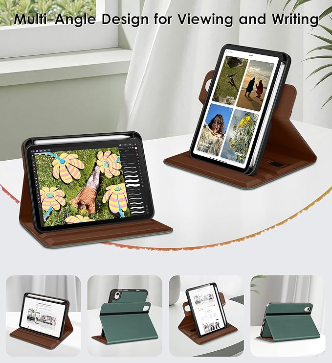 DTTO for iPad mini 7 (A17 Pro) Case, iPad mini 7th / 6th Generation Case (2024/2021), 360 Degree Rotating Premium Leather Folio Stand Cover with Pencil Holder, Midnight Green