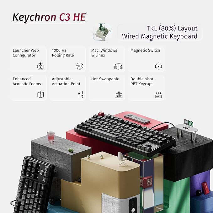 Keychron C3 HE TKL Wired Mechanical Keyboard (80% Layout), Magnetic Switches with Adjustable Actuation, Rapid Trigger, RGB Backlight & Side Lighting, Double-Shot PBT Keycaps – Mac/Windows/Linux