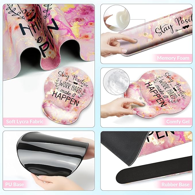 Desk Mat Set + Keyboard and Mouse Pad with Wrist Rest Support,4-in-1 Large Mousepad Computer Mats for Desktop Home & Office-Pink Positive