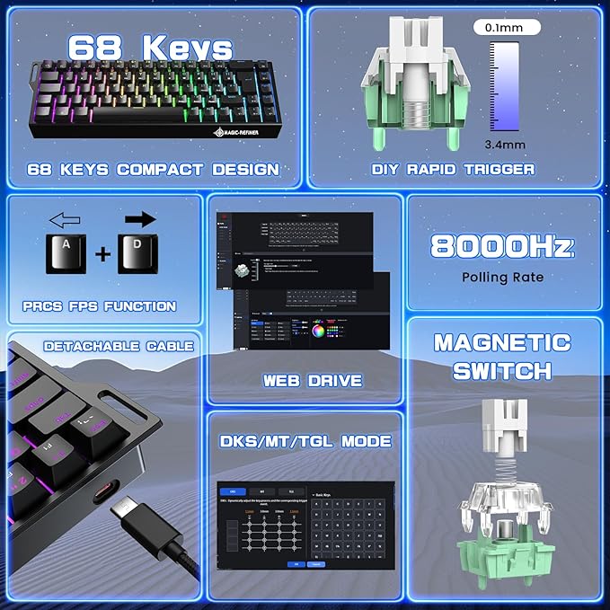 MAGIC-REFINER X68 HE Wired 60% Hall Effect Rapid Trigger Mechanical RGB Gaming Keyboard with 8K Polling,0.04mm RT Accuracy,Magnetic Switch,Adjustable Actuation,Snap Tap for PC Mac Esport Gamer (Black)