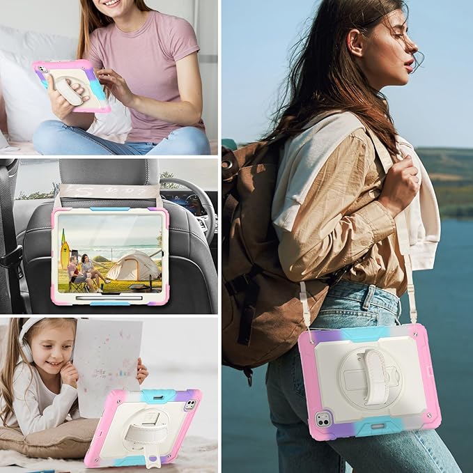 HXCASEAC for iPad Pro 13 Inch Case (M5/M4) 2025/2024, Shockproof Design with Pencil Holder, Protector, Rotating Stand, Hand Strap, Heavy Duty Protective iPad Pro13 Cover A3360 A2925, Rainbow Pink
