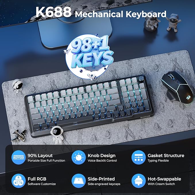 Redragon Wireless Mechanical Keyboard with Knob,Gasket Structure,Tri-Mode BT5.0/USB-C/2.4GHz Hot Swappable Keyboard,Creamy Sound,RGB Backlit PBT Keycaps Computer Gaming Keyboards,K688SP